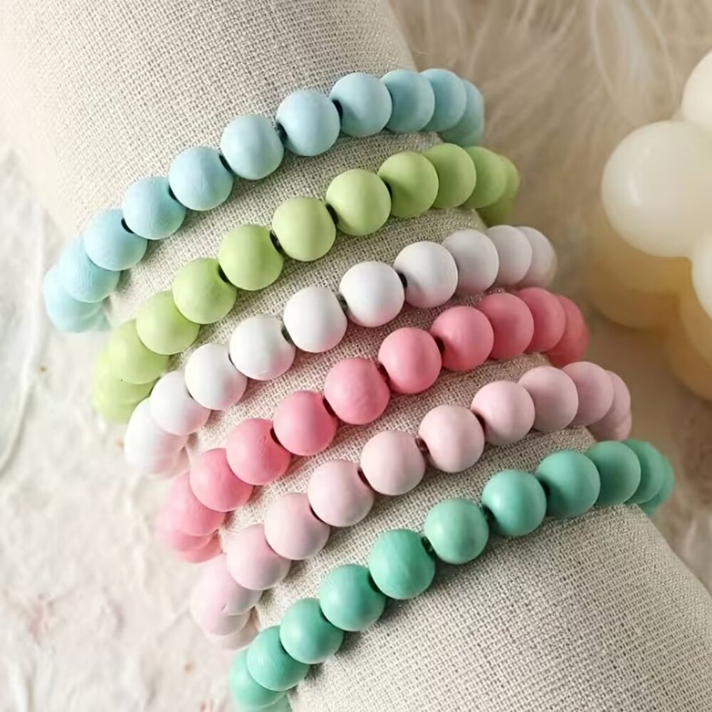 2/$15 6 Stylish And Cute Colorful Wooden Bead Elastic Bracelets - NEW